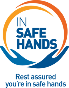 Logo with two hands holding the text 'In Safe Hands'. Rest assured you're in safe hands.