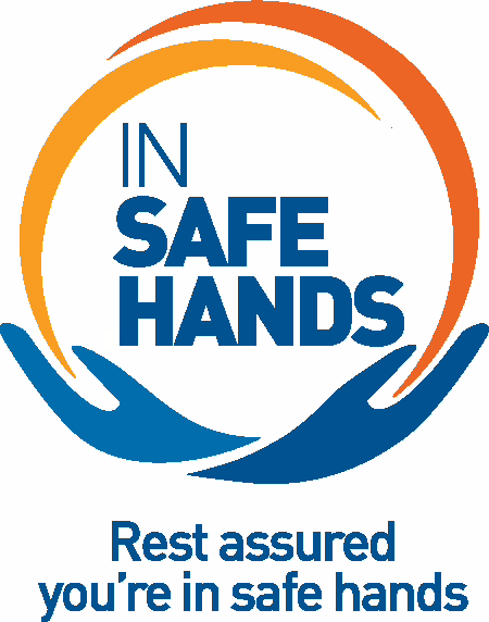 Logo with two hands holding the text 'In Safe Hands'. Rest assured you're in safe hands.