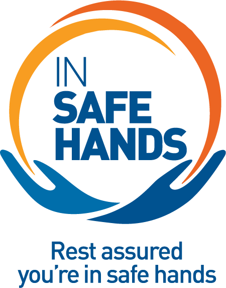 Logo with two hands holding the text 'In Safe Hands'. Rest assured you're in safe hands.