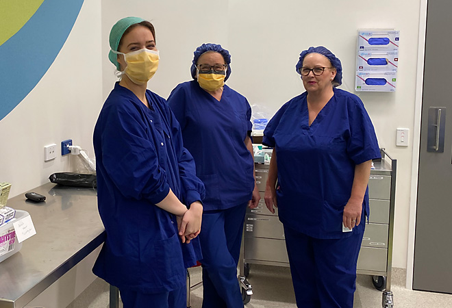 three nurses standing and smiling in day surgery | Vision Hospital Group