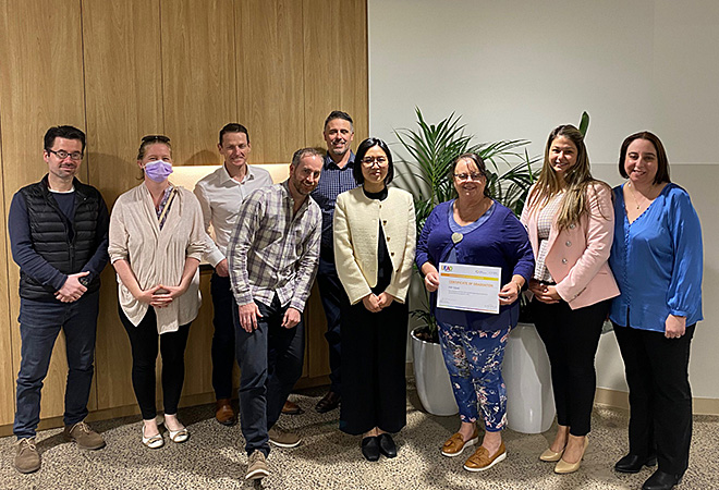 Group photo of Vision Hospital Group and Vision Eye Institute staff who graduated from the 2022 LEAD program, including Forest Road Day Surgery Director of Nursing Gaby Kalofonos (far right)