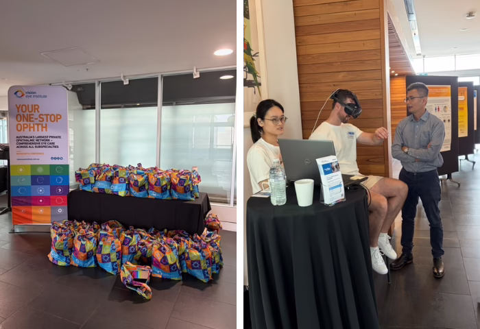 Two side-by-side photographs. The left image shows a trestle table with a black table cloth covering it. Vision Eye Institute-branded gift bags are positioned on top of and in front the trestle table. To the left of the table is Vision Eye Institute signage. The right image depicts three ophthalmology trainees trialling virtual reality headsets. One is seating while wearing the headset, one trainee is watching a connected laptops screen, and the third trainee is watching.